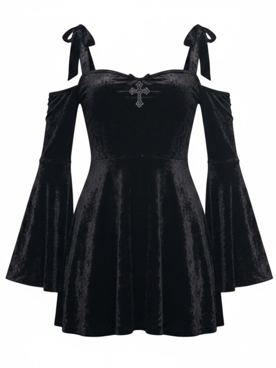 Dolls Kill Dresses & Skirts - NWT Dolls Kill Widow Nocturnal Elegance Mini Dress in Black Velvet Silver Cross